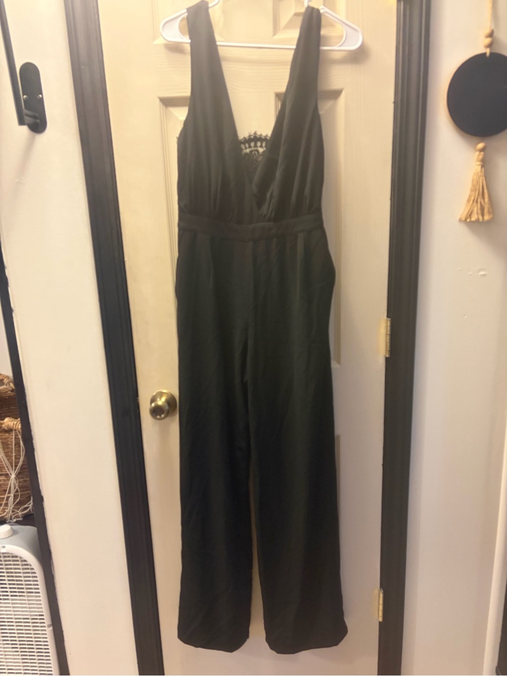 Lulu's Black Deep V-Neck Wide-Leg Lace Back Jumpsuit with Pockets medium